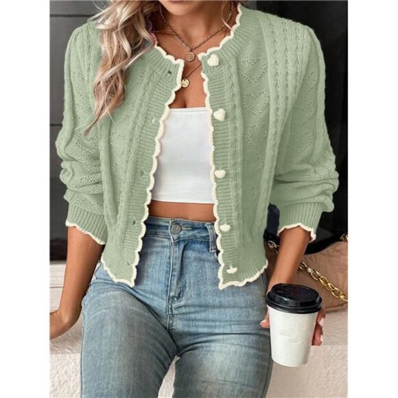 Women's Contrast Trim Front Button Casual Cardigan, Long Sleeve - Picture 1 of 6